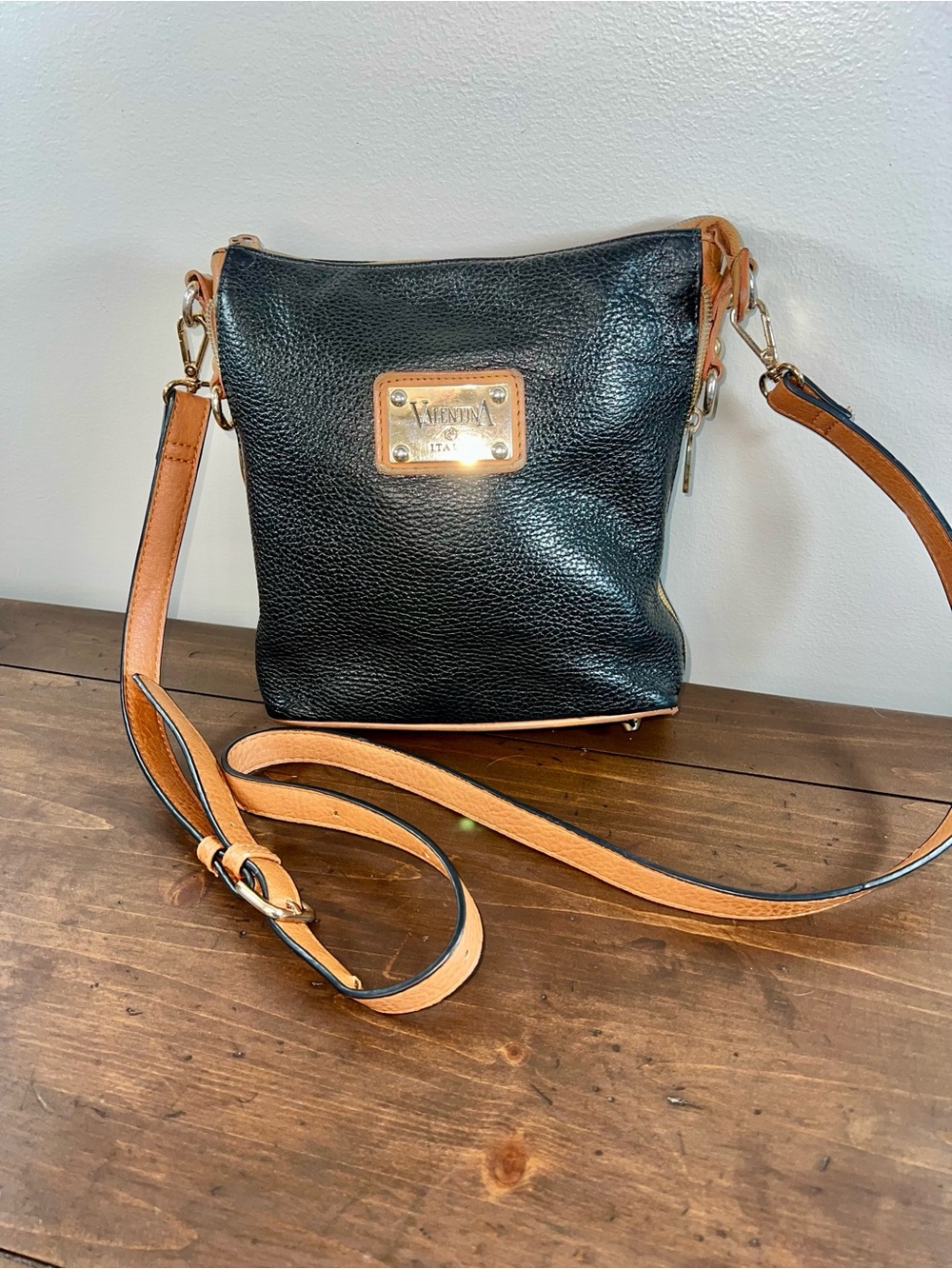 Valentina Black and Tan Pebbled Leather Crossbody